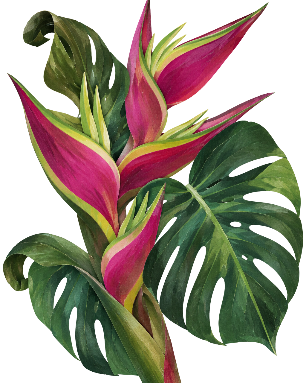 Cut-paper heliconia and monstera leaves
