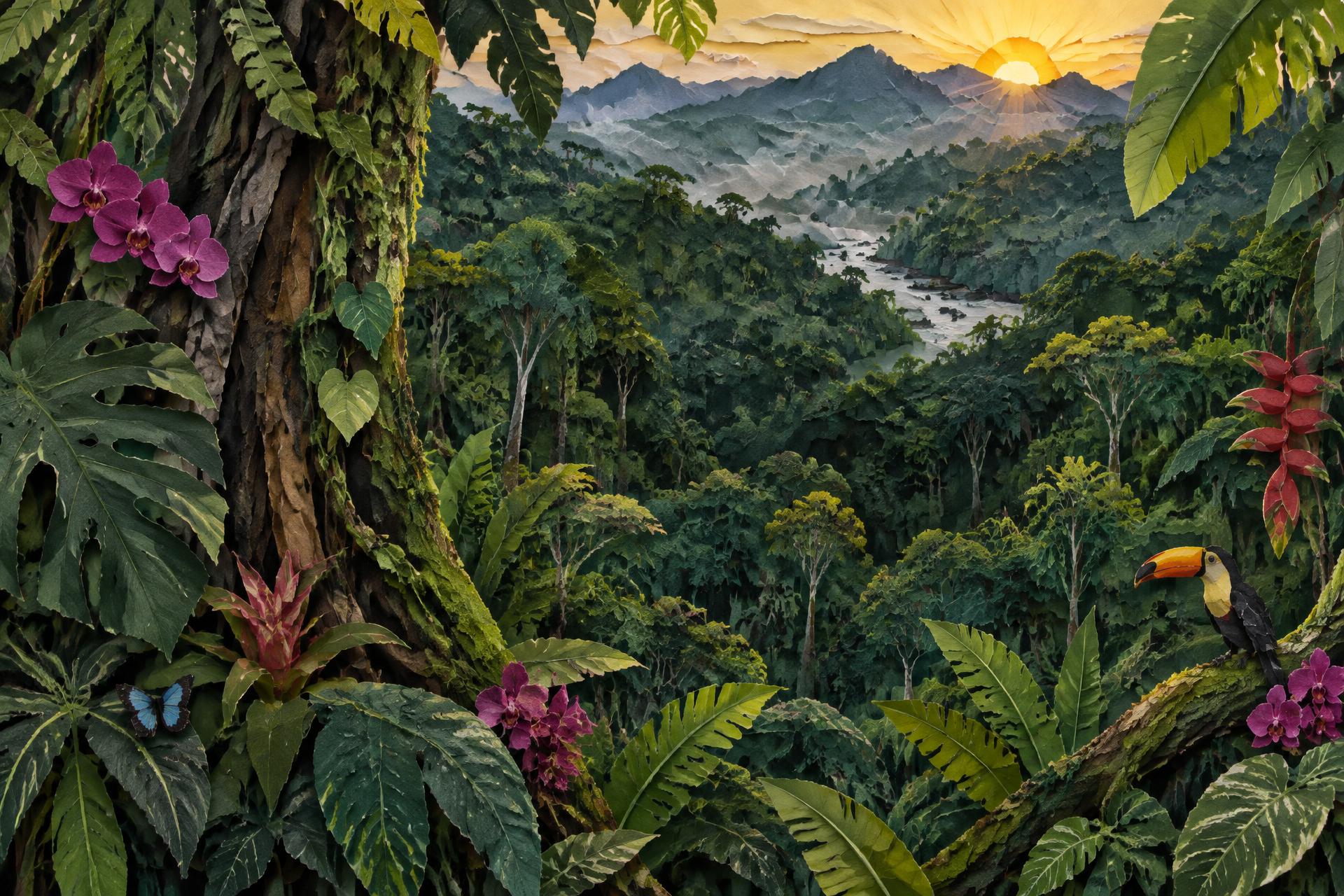 Handmade rainforest collage at sunrise