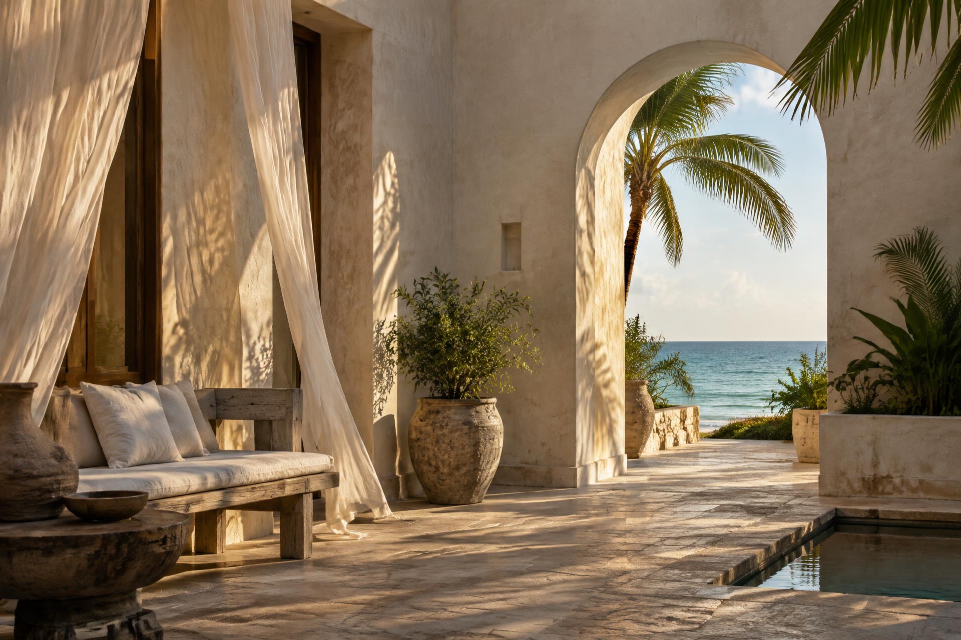 Limewashed villa courtyard at golden hour looking out to the sea