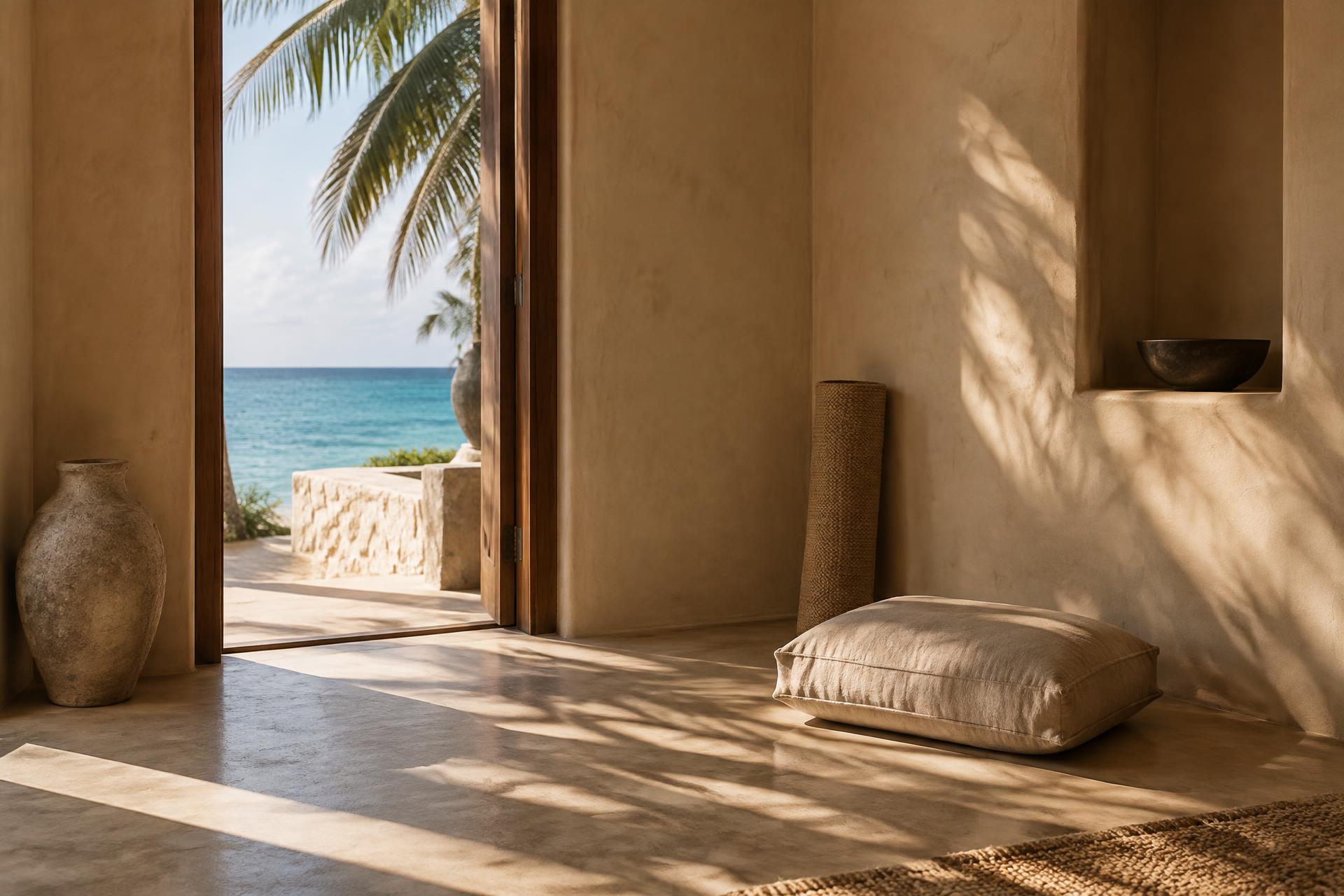 Sunlit plaster room in a beach house, open doors onto turquoise sea