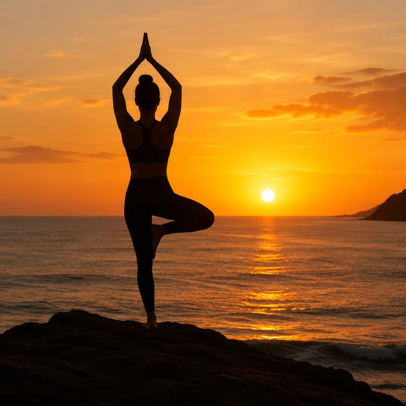 Person in a yoga pose silhouetted against a sunset